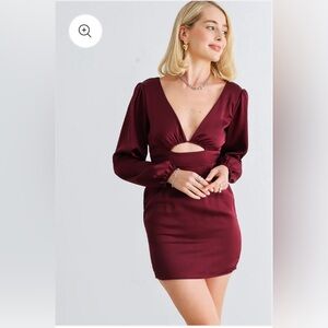 NWT Le Lis burgundy satin V-neck puff long sleeve cut-out mini dress. M